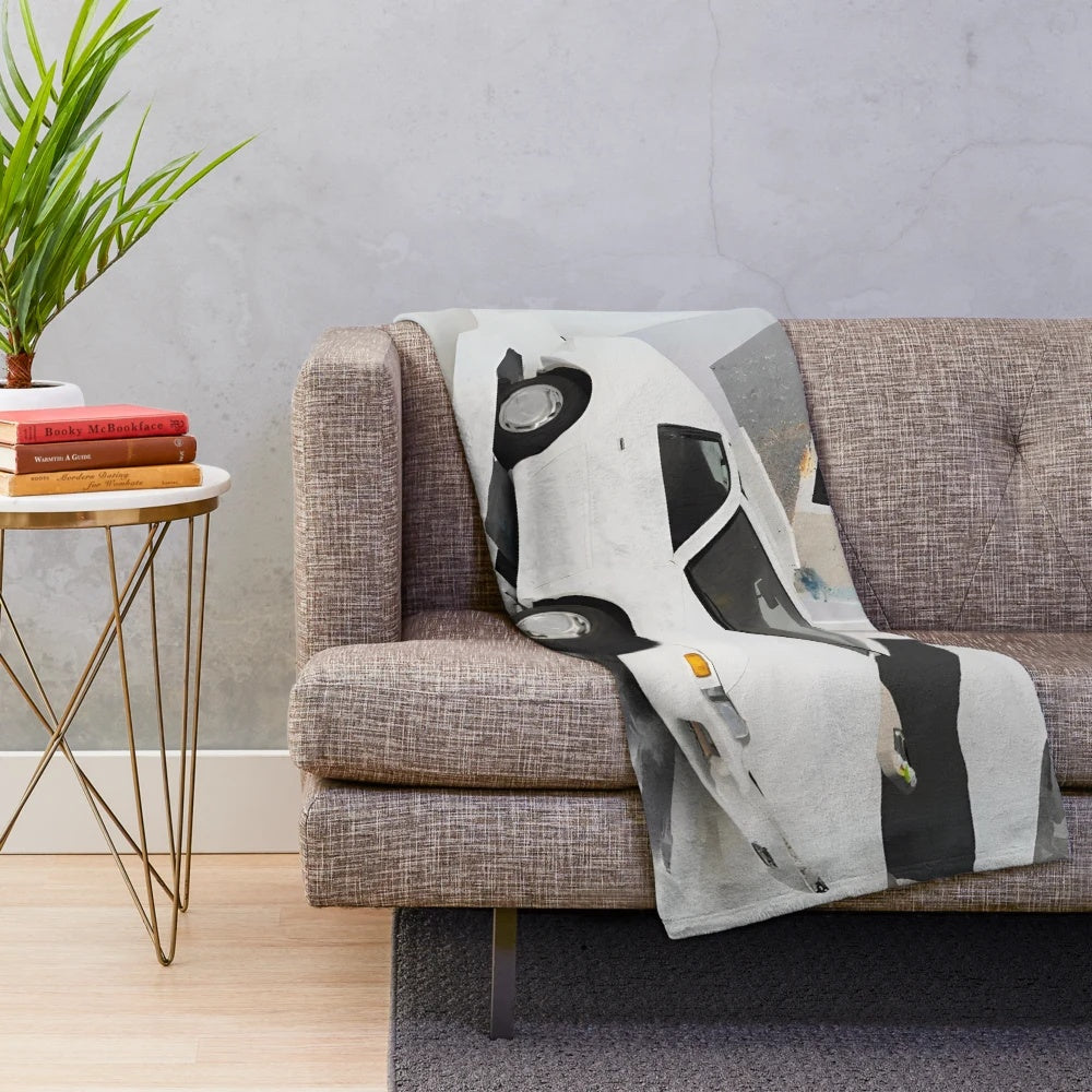 Minimalist car-themed plush blanket with oil painting-style design
