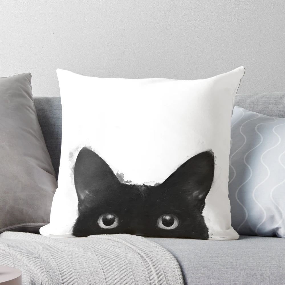 Minimalist black and white cats watercolor design printed on a plush pillow