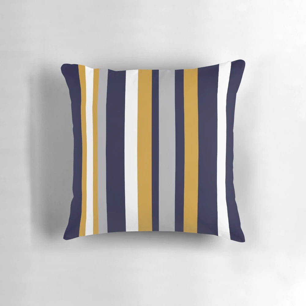 Minimalist color block vertical stripe pattern throw pillow in honey mustard, dark navy blue, and gray