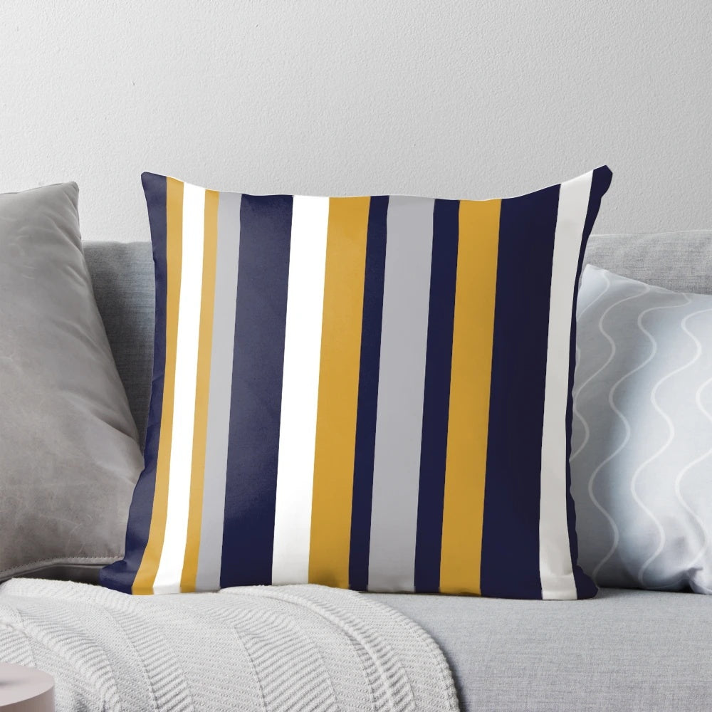 Minimalist color block vertical stripe pattern throw pillow in honey mustard, dark navy blue, and gray