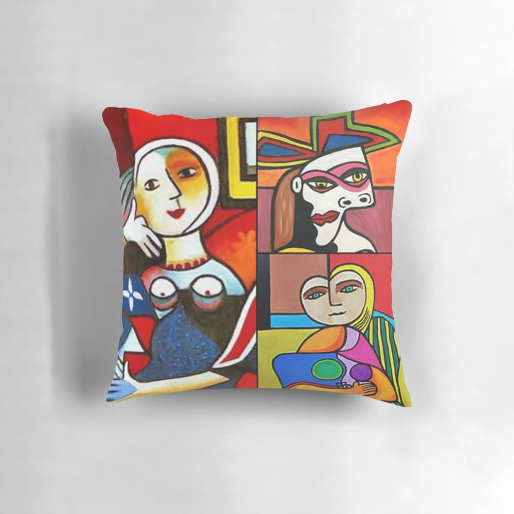Minimalist cubist art design pillow featuring abstract faces and shapes in a collage style