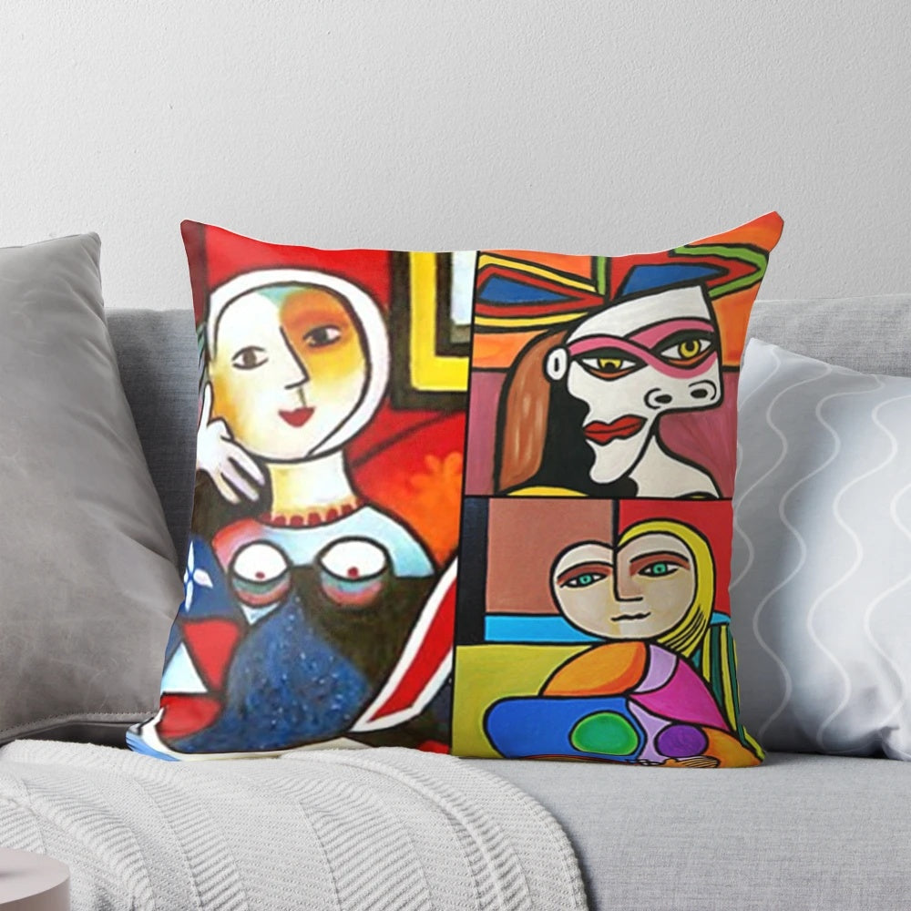 Minimalist cubist art design pillow featuring abstract faces and shapes in a collage style