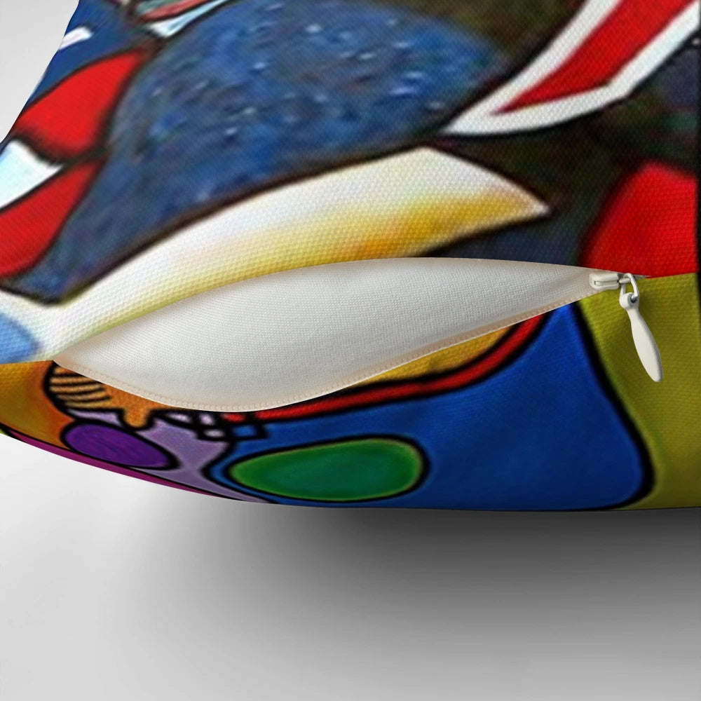 Minimalist cubist art design pillow featuring abstract faces and shapes in a collage style