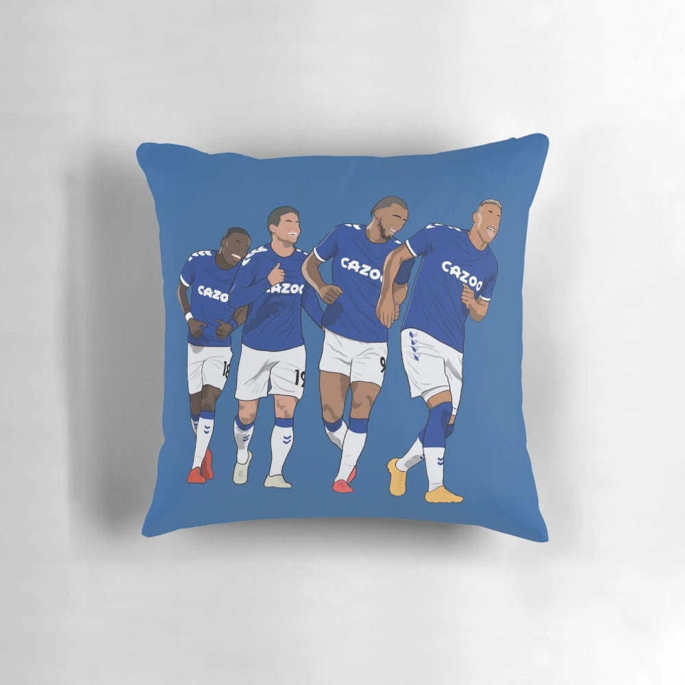 Minimalist design Everton FC soccer pillow featuring players Richarlison, Dominic Calvert-Lewin, James Rodriguez, and Niels Nkounkou