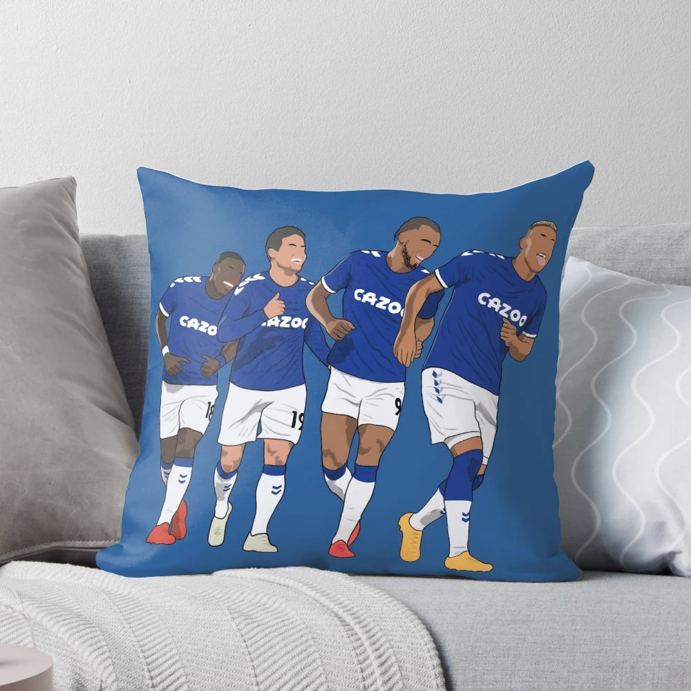 Minimalist design Everton FC soccer pillow featuring players Richarlison, Dominic Calvert-Lewin, James Rodriguez, and Niels Nkounkou