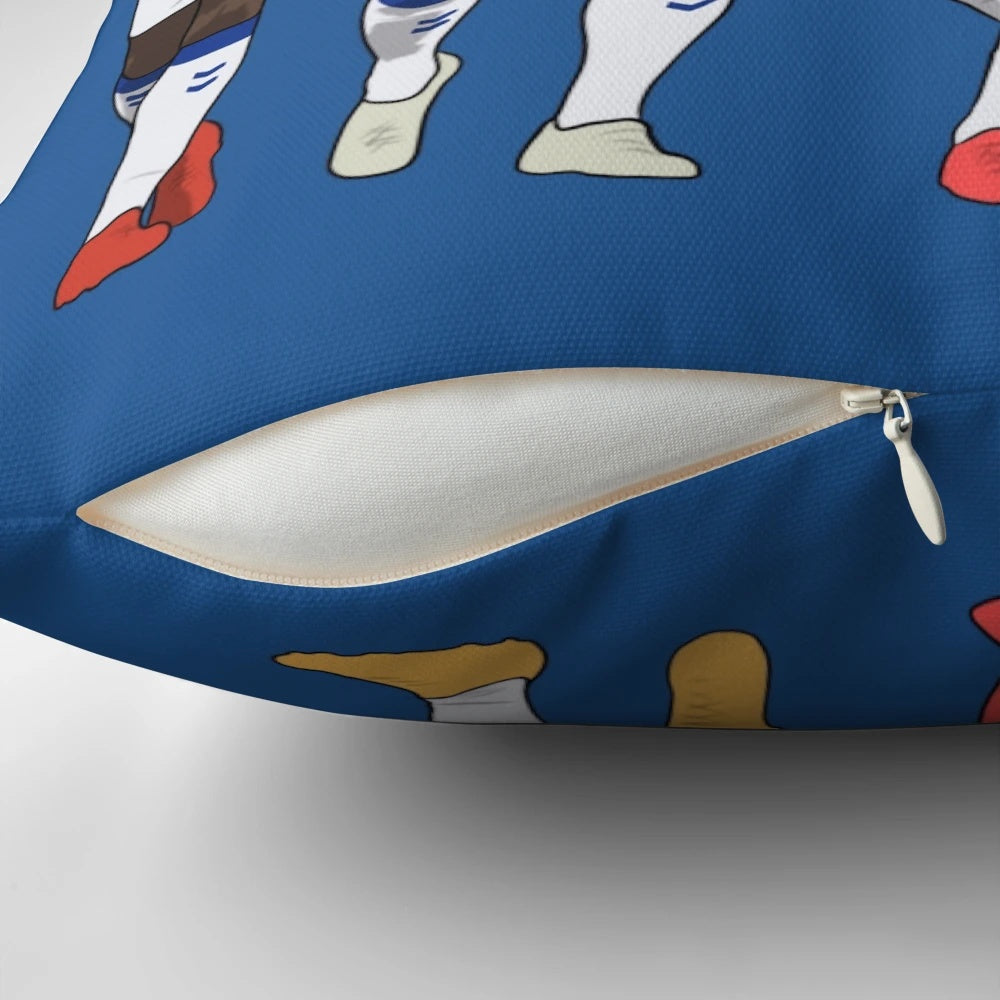 Minimalist design Everton FC soccer pillow featuring players Richarlison, Dominic Calvert-Lewin, James Rodriguez, and Niels Nkounkou