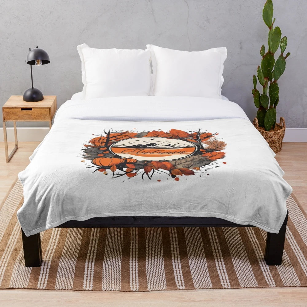 Plush blanket with minimalist autumn nature design in watercolor style