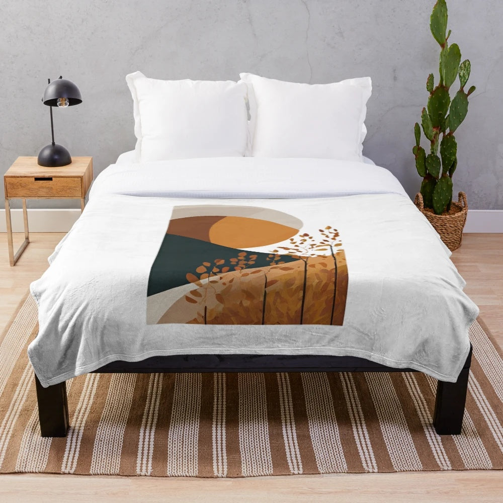 Minimalist fall-themed plush blanket with nature and leaf designs