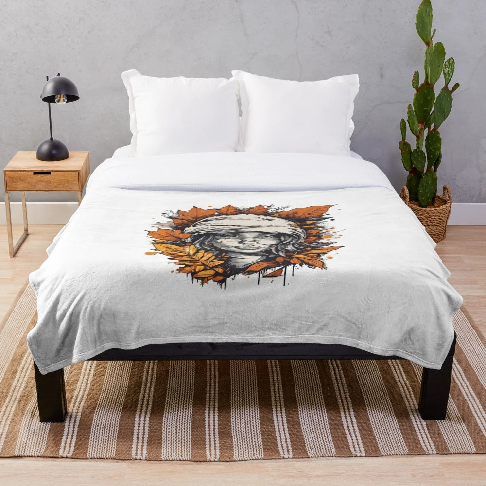 Minimalist autumn nature plush blanket with watercolor leaf design