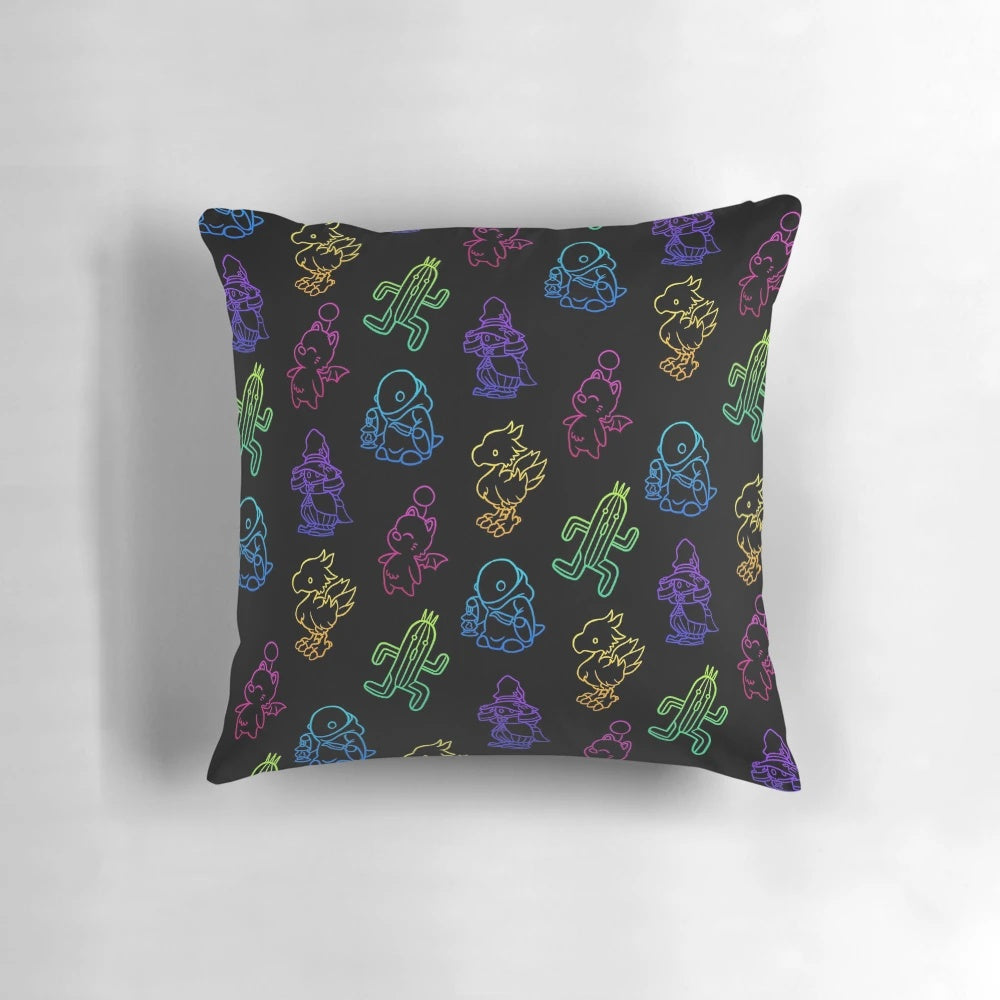 Throw pillow with minimalist green cactus lineart design, inspired by the Final Fantasy video game series