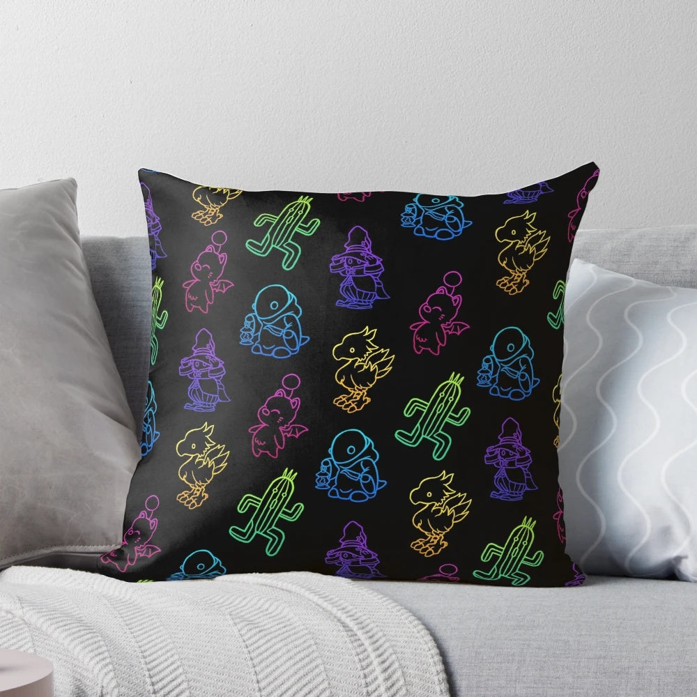 Throw pillow with minimalist green cactus lineart design, inspired by the Final Fantasy video game series