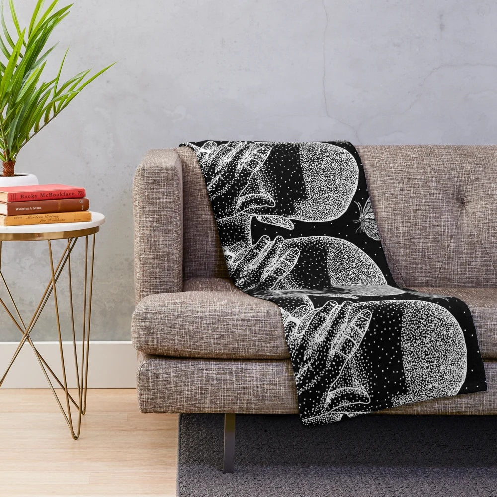 Minimalist black and white plush blanket with a Frank Ocean inspired mandala design