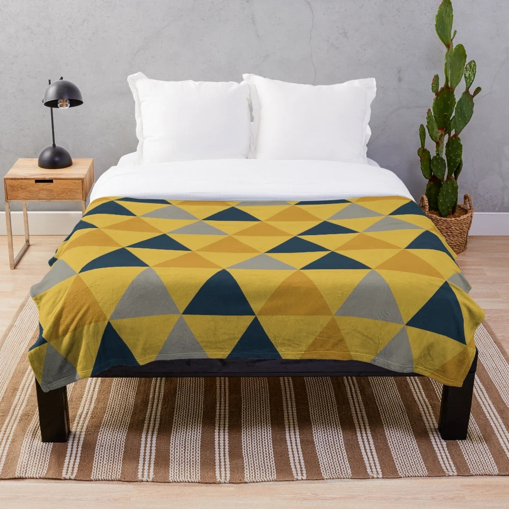 Mustard yellow, navy blue, and grey minimalist geometric pattern plush throw blanket
