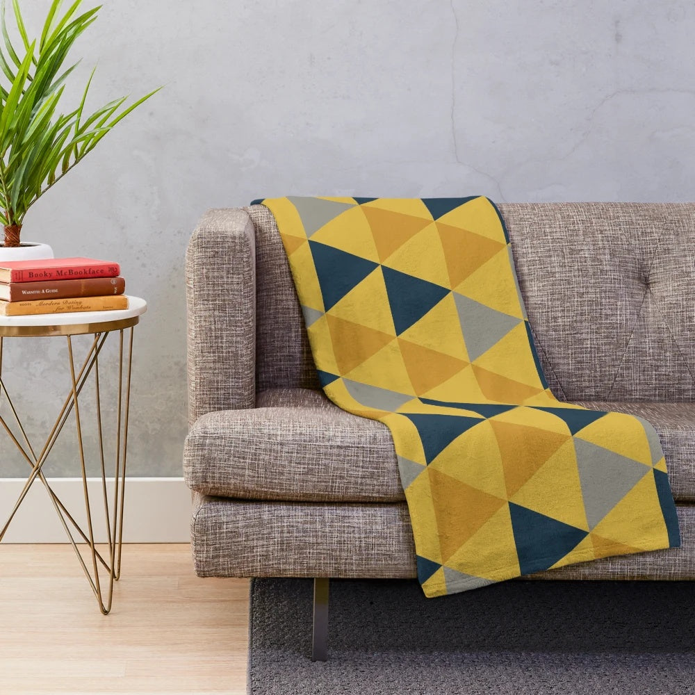 Mustard yellow, navy blue, and grey minimalist geometric pattern plush throw blanket
