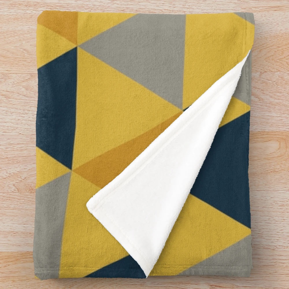 Mustard yellow, navy blue, and grey minimalist geometric pattern plush throw blanket