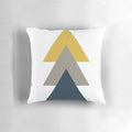 A minimalist, geometric pillow featuring a triangle pattern in light mustard yellow, white, grey, and navy blue.