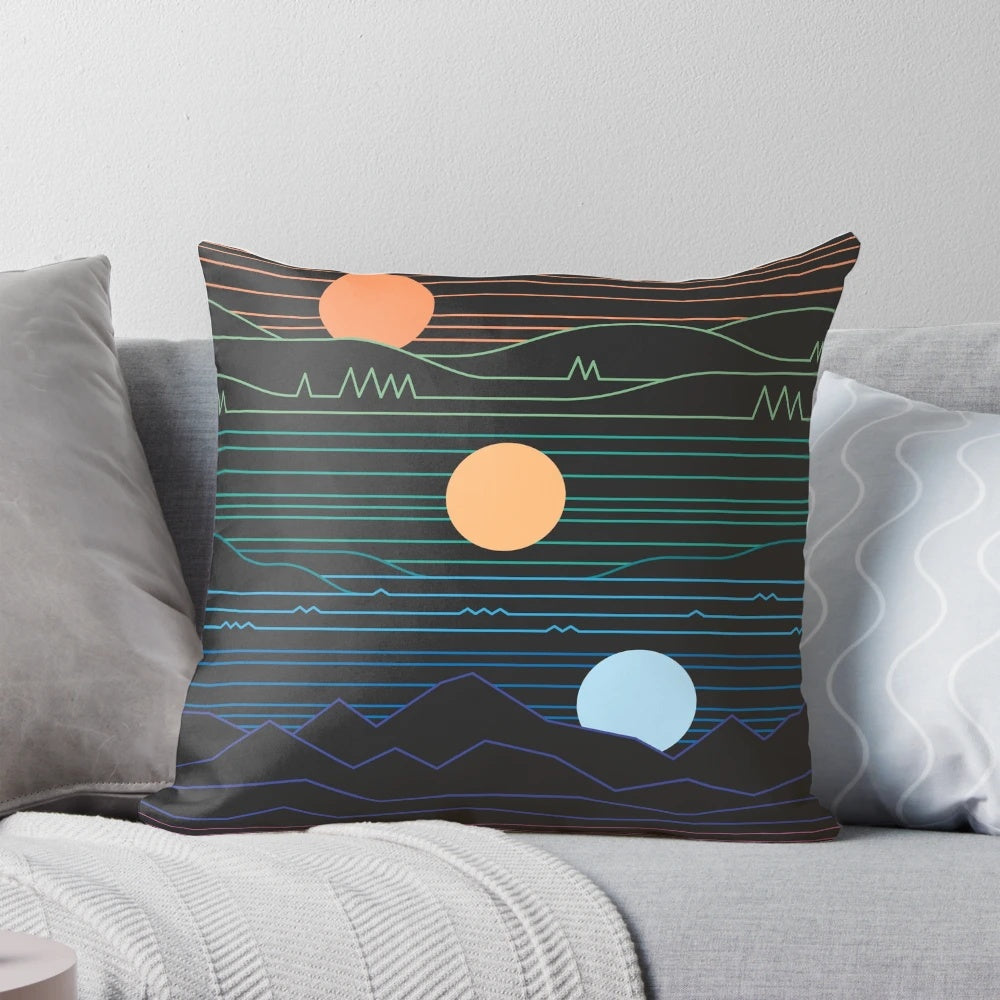 Minimalist Pillow Art with Graphical Sun and Nature Landscape Design