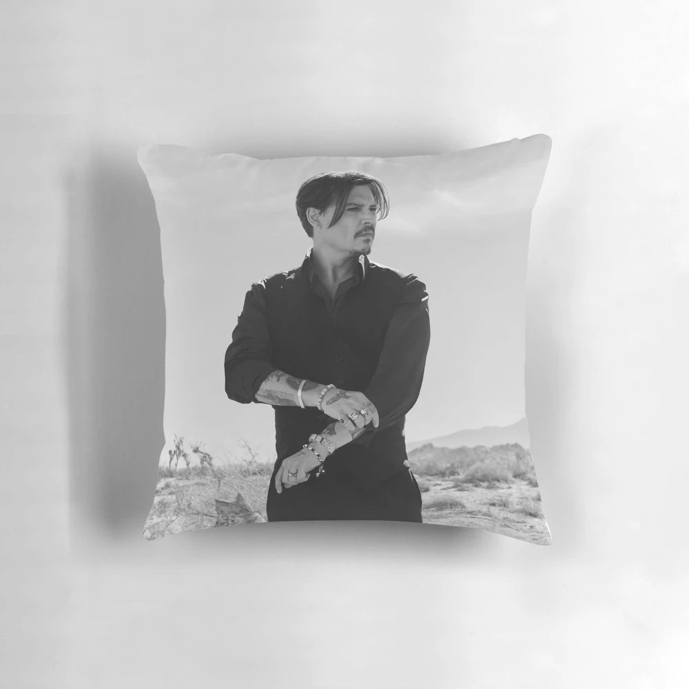Minimalist portrait illustration of actor Johnny Depp printed on a soft, comfortable pillow.