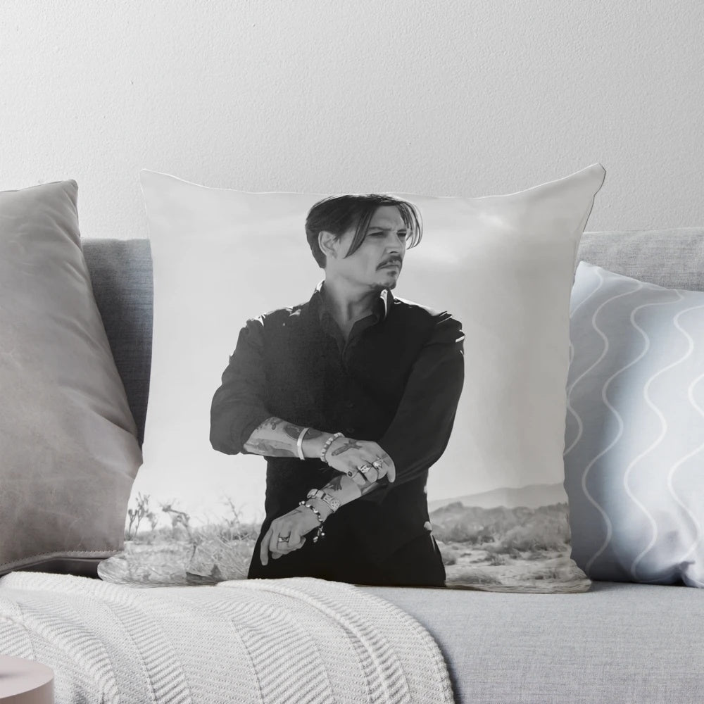 Minimalist portrait illustration of actor Johnny Depp printed on a soft, comfortable pillow.