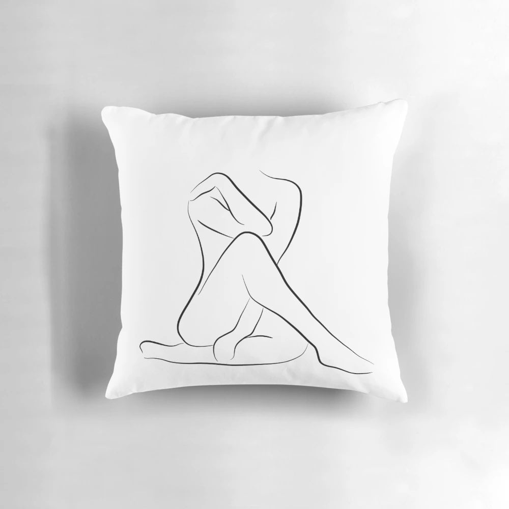 A black and white line art drawing of a woman's figure, showcasing the elegant and artistic form of the female body.