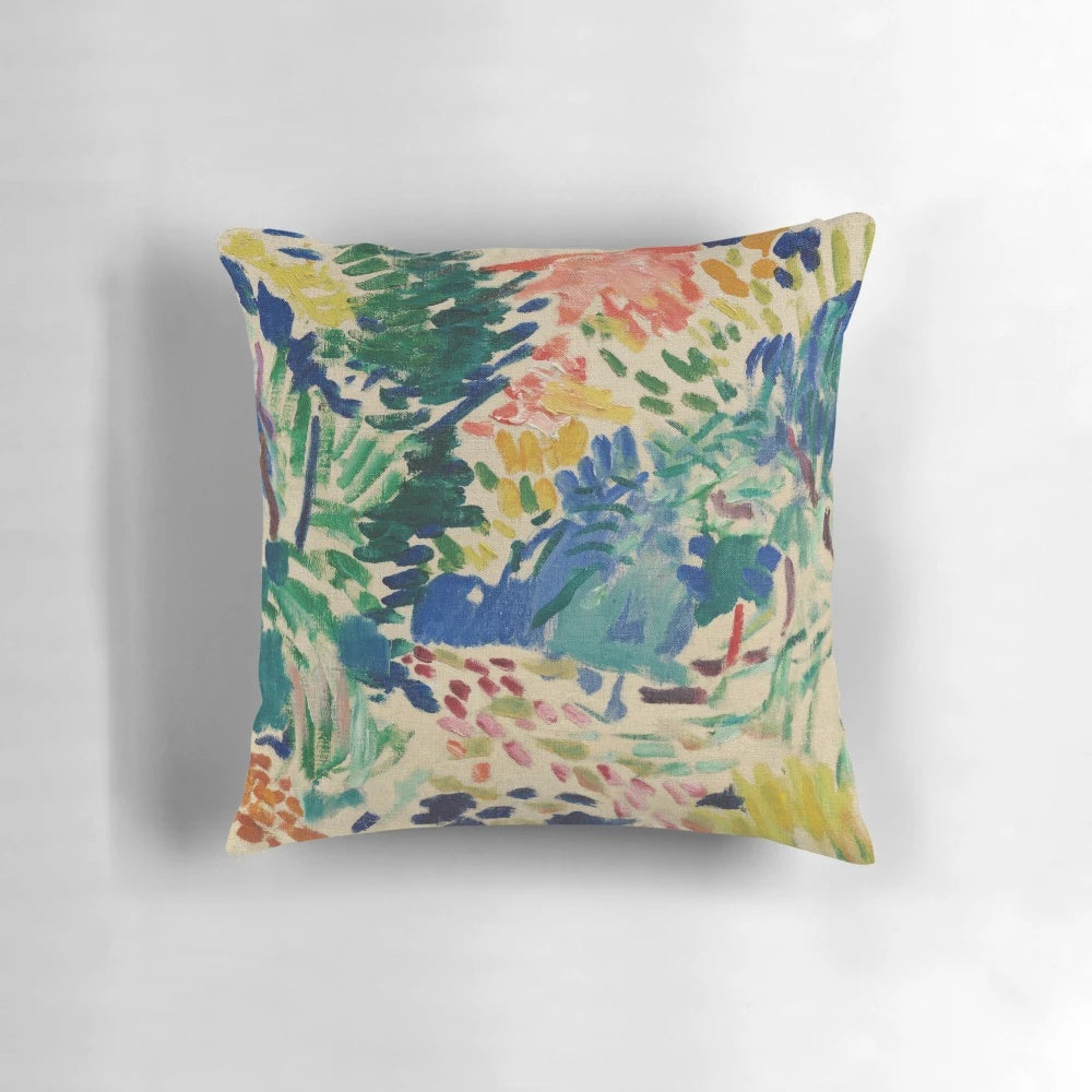 Decorative pillow featuring a minimalist landscape design inspired by the artwork of Henri Matisse.