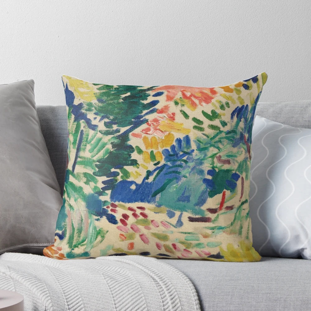 Decorative pillow featuring a minimalist landscape design inspired by the artwork of Henri Matisse.