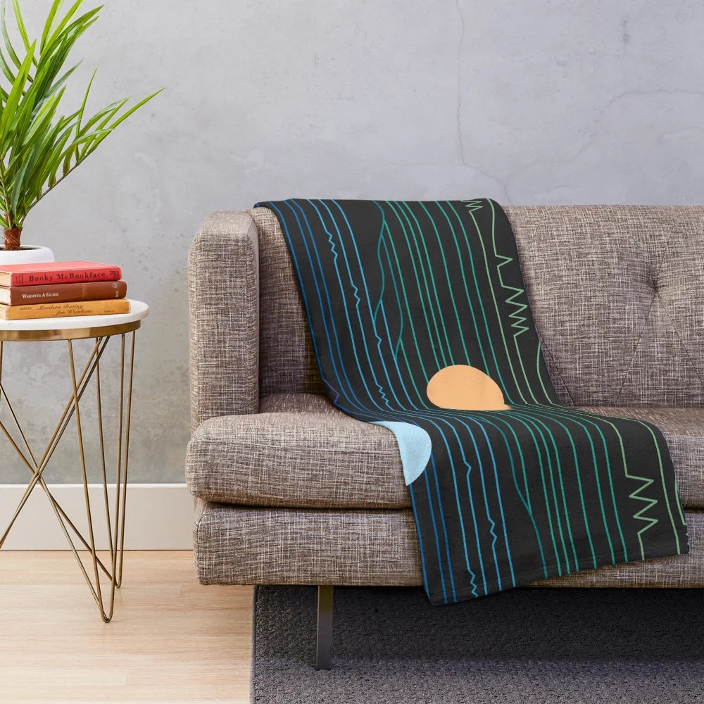 Minimalist landscape plush blanket with geometric patterns and nature-inspired design