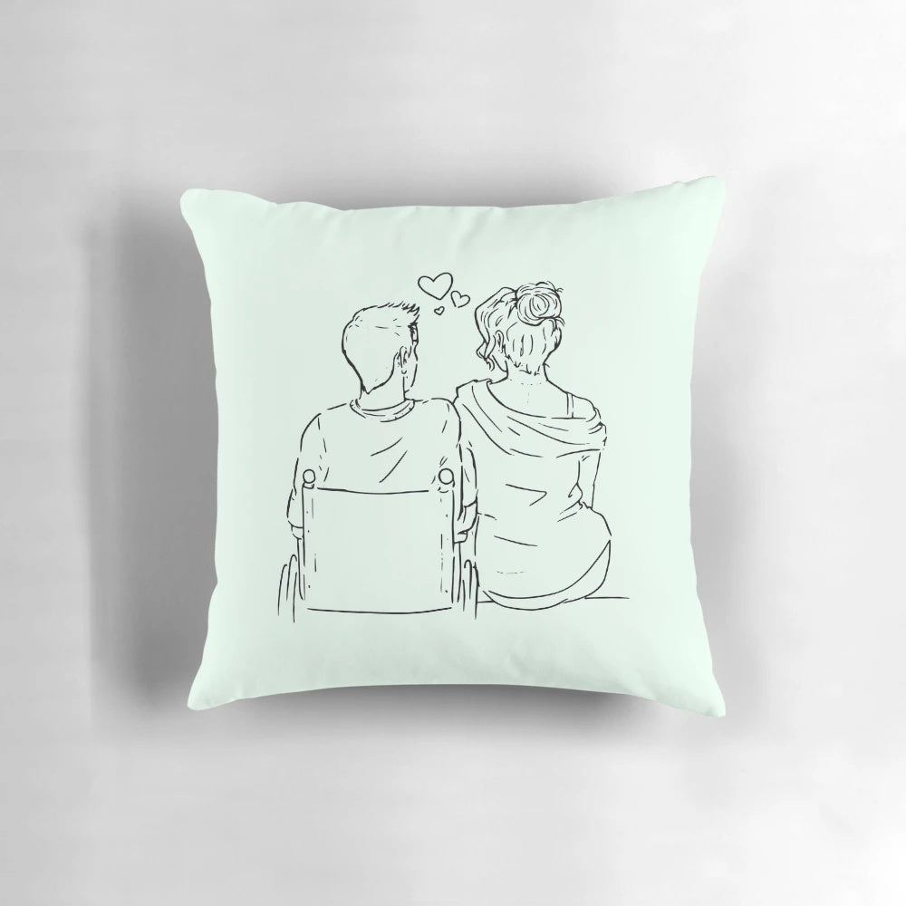 Minimalist line art graphic illustration of a couple sitting together with their backs facing on a bench
