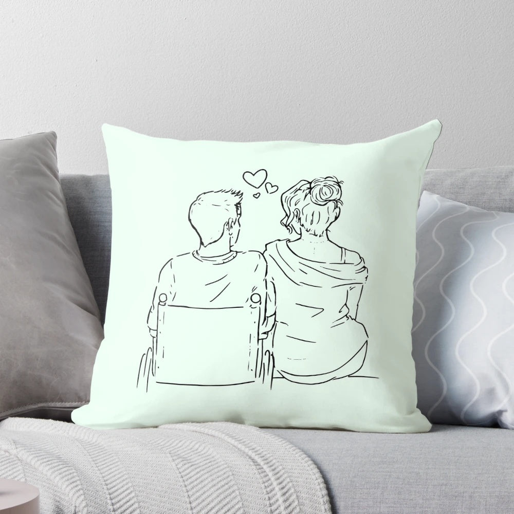 Minimalist line art graphic illustration of a couple sitting together with their backs facing on a bench