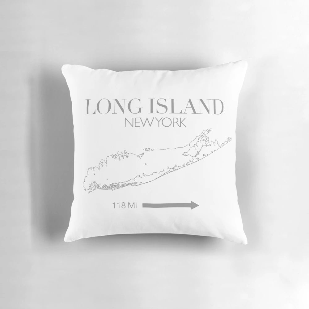 Soft, grey outline map of Long Island, New York printed on a comfortable pillow for home decor.