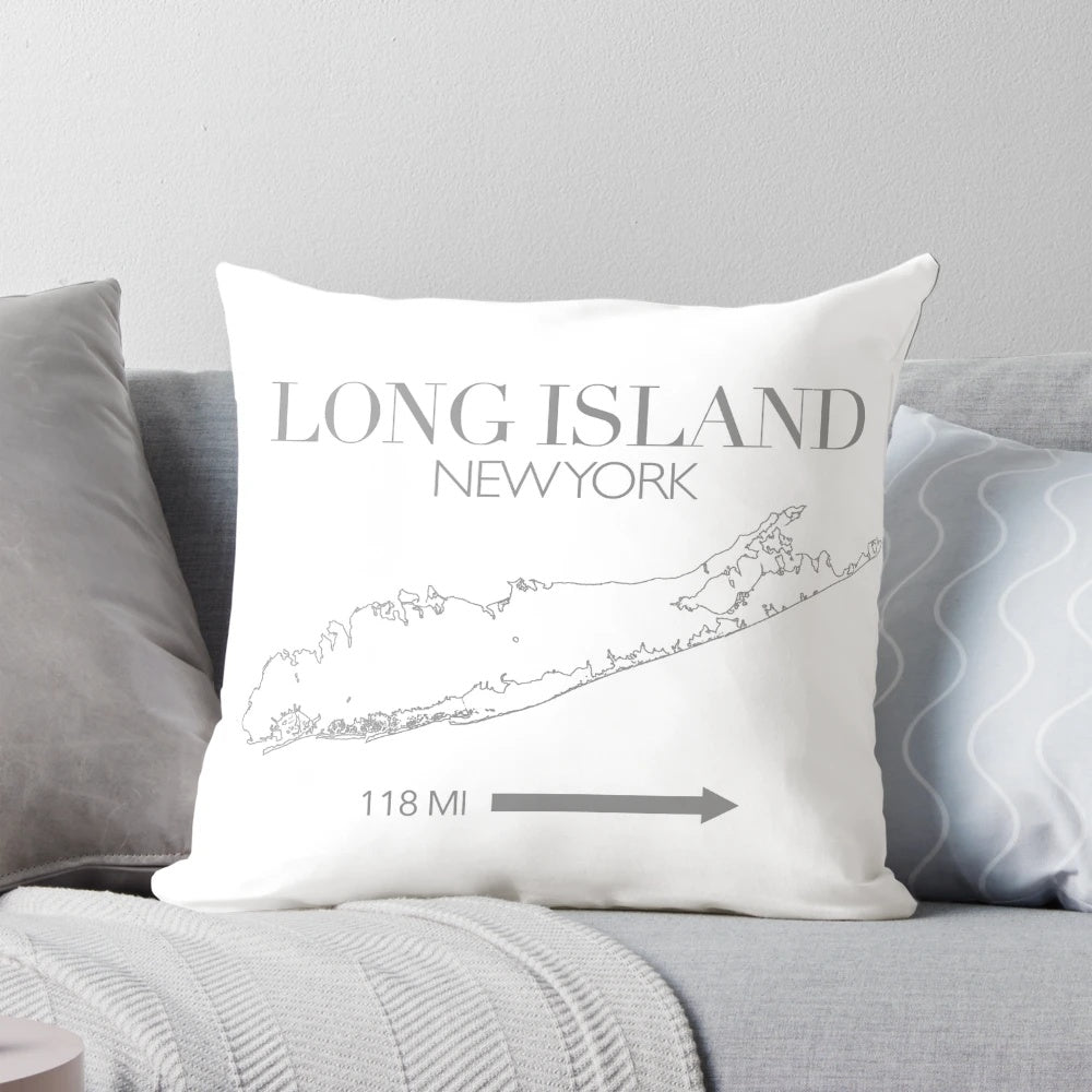 Soft, grey outline map of Long Island, New York printed on a comfortable pillow for home decor.