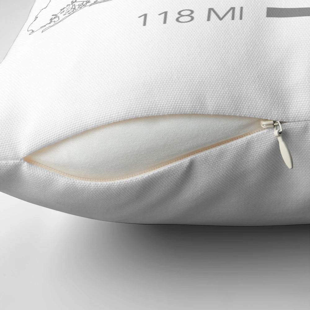 Soft, grey outline map of Long Island, New York printed on a comfortable pillow for home decor.