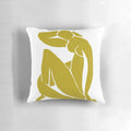 Mustard yellow pillow featuring a minimalist abstract figure inspired by the artwork of Henri Matisse