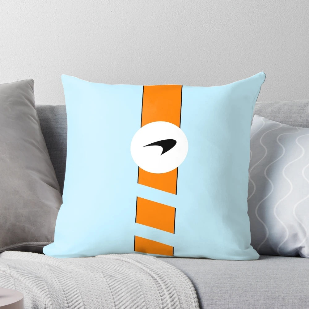 Minimalist McLaren F1 pastel blue pillow with a sleek, modern design featuring motorsports icons.