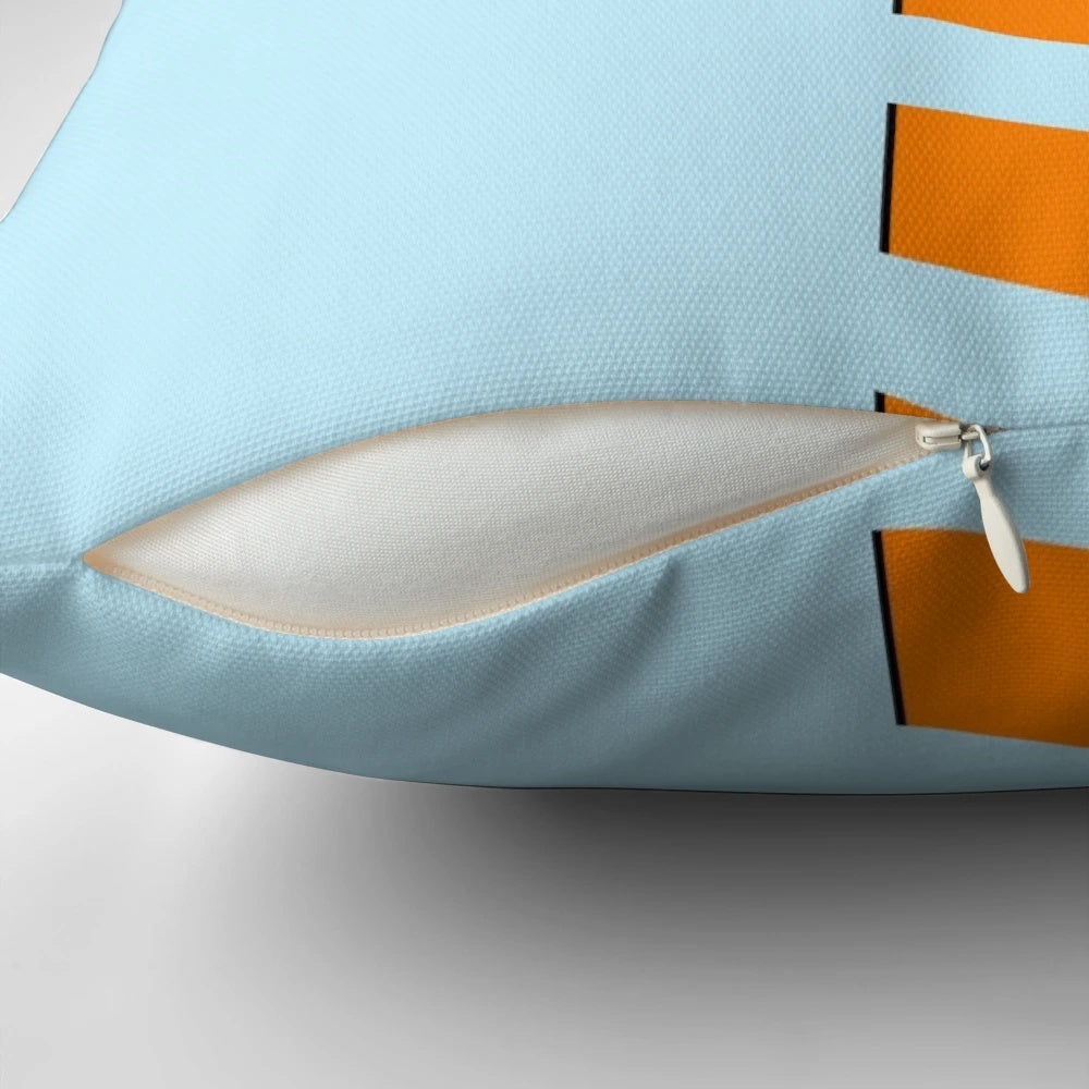 Minimalist McLaren F1 pastel blue pillow with a sleek, modern design featuring motorsports icons.