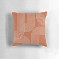 A modern, minimalist throw pillow featuring a mid-century inspired line art design in terracotta and white.