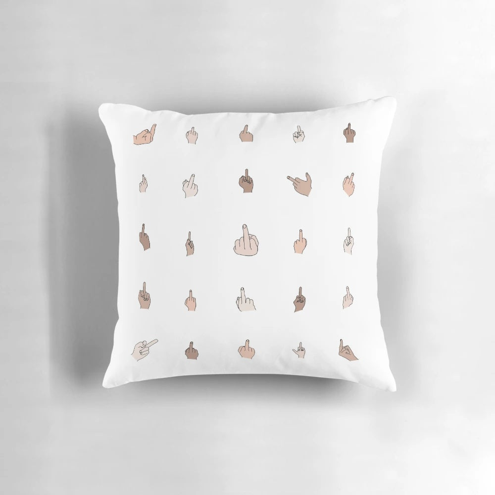 A throw pillow featuring a simple line drawing of a hand with the middle finger raised.