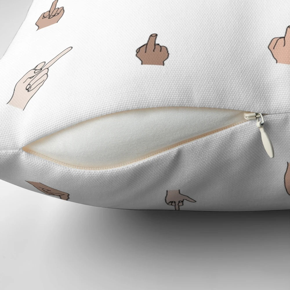 A throw pillow featuring a simple line drawing of a hand with the middle finger raised.