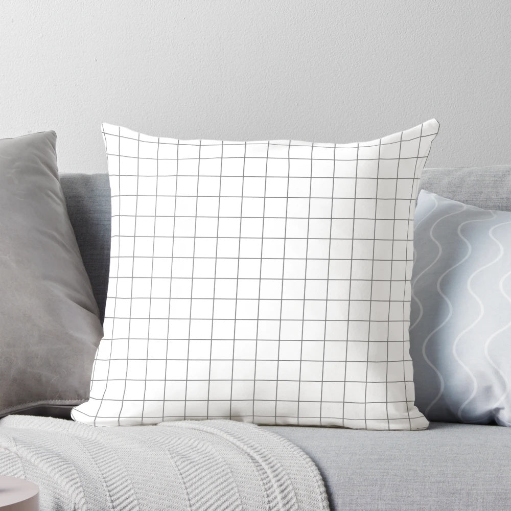 Minimalist and modern square pillow in a grid pattern with white and gray colors