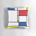Minimalist Mondrian-inspired De Stijl modern art pillow featuring bold, colorful geometric block design.