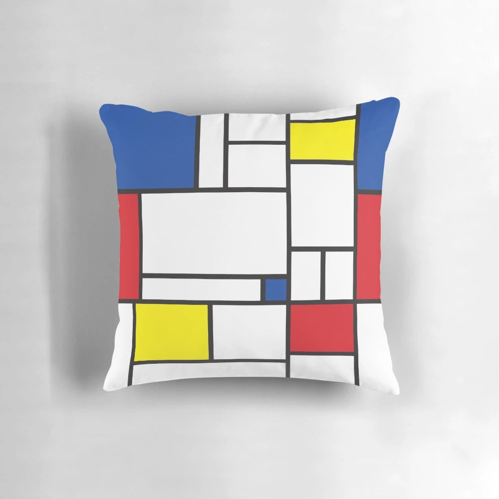 Minimalist modern art pillow with Mondrian-style geometric color block design