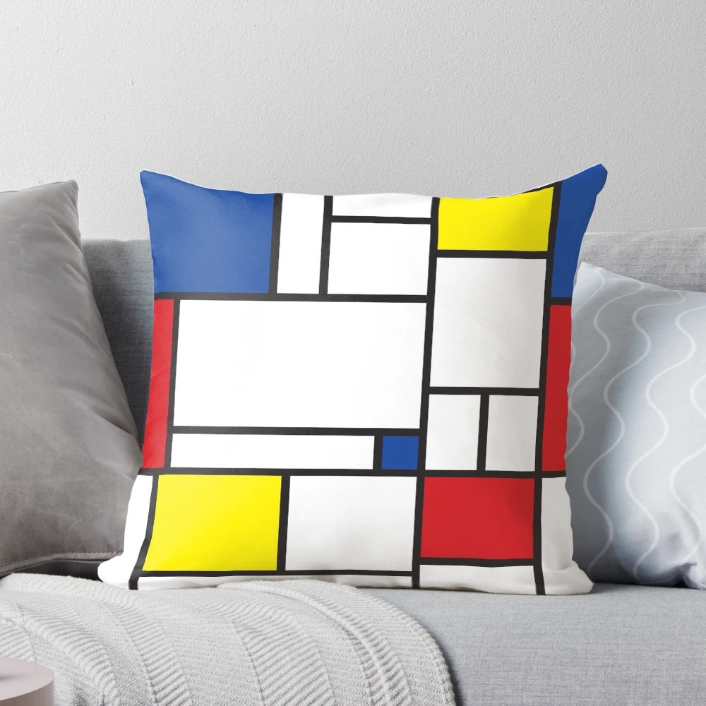 Minimalist modern art pillow with Mondrian-style geometric color block design