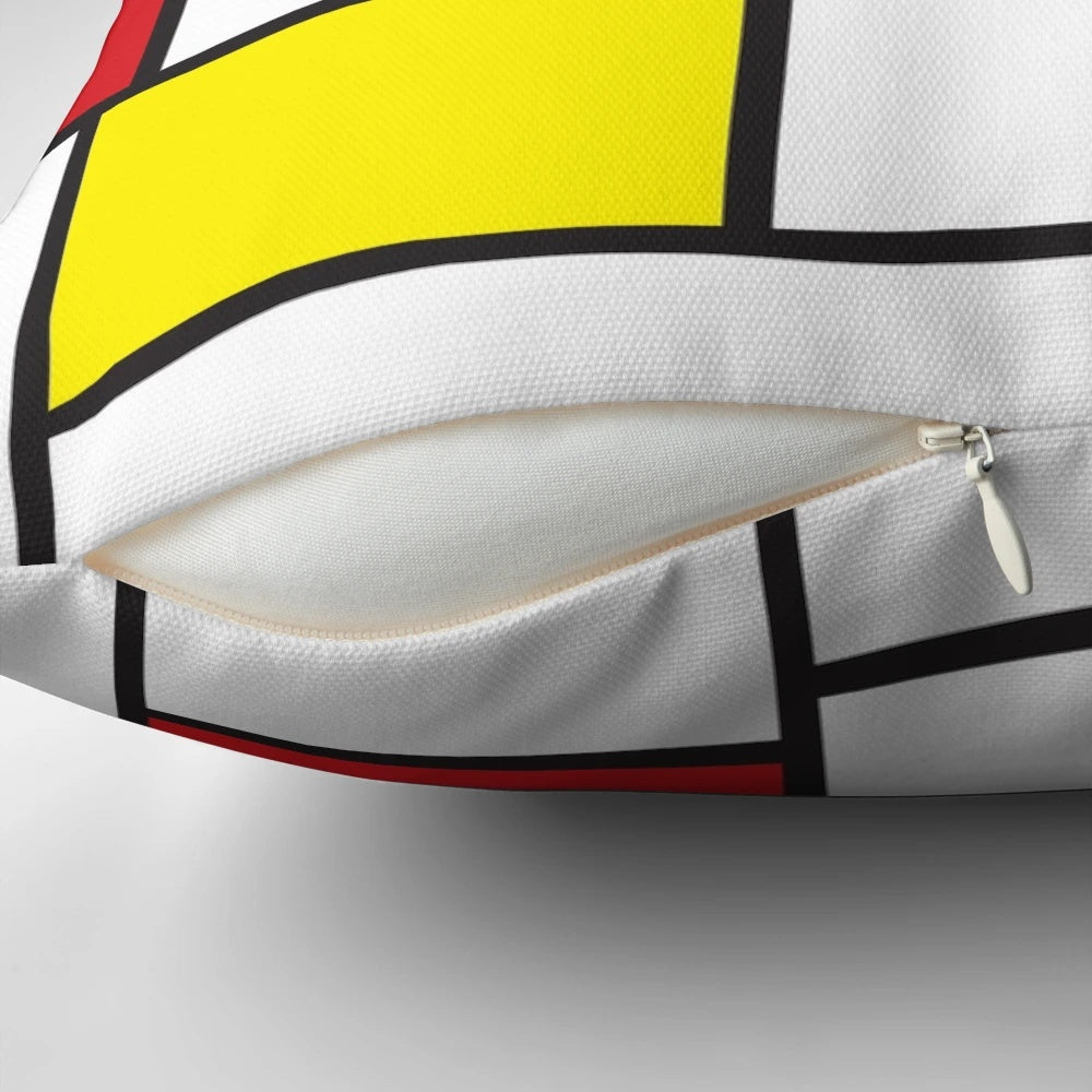 Minimalist modern art pillow with Mondrian-style geometric color block design