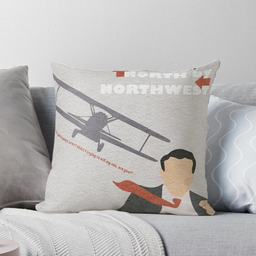 Minimalist throw pillow featuring the iconic North by Northwest movie poster design