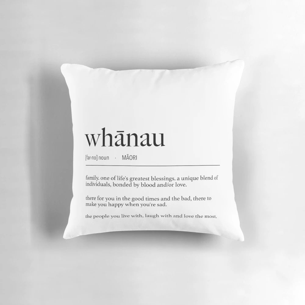 Minimalist black and white pillow featuring the Maori word "whanau" meaning family