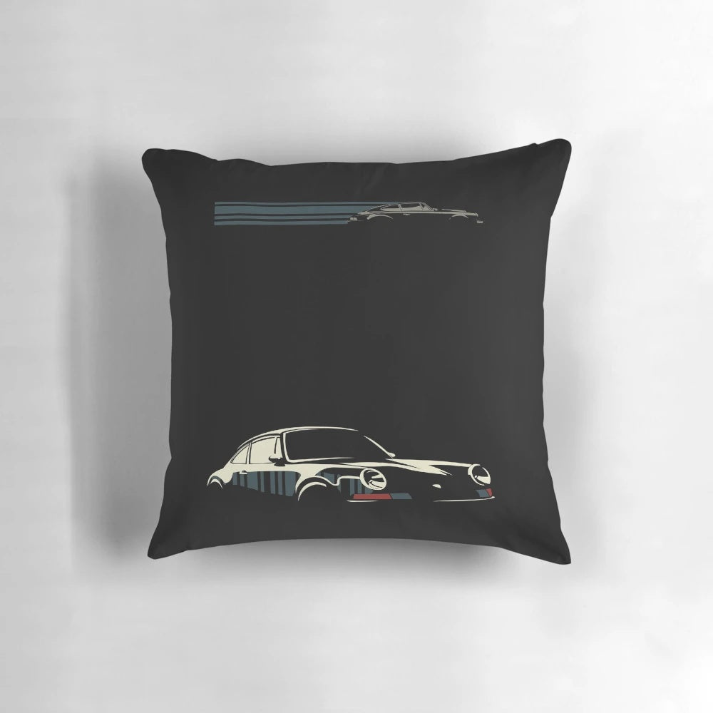 Minimalist black and white illustration of a Porsche 911 car on a plush pillow