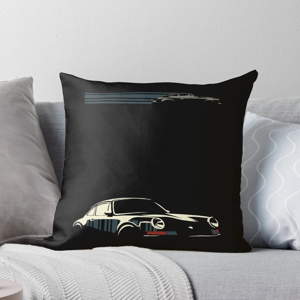 Minimalist black and white illustration of a Porsche 911 car on a plush pillow