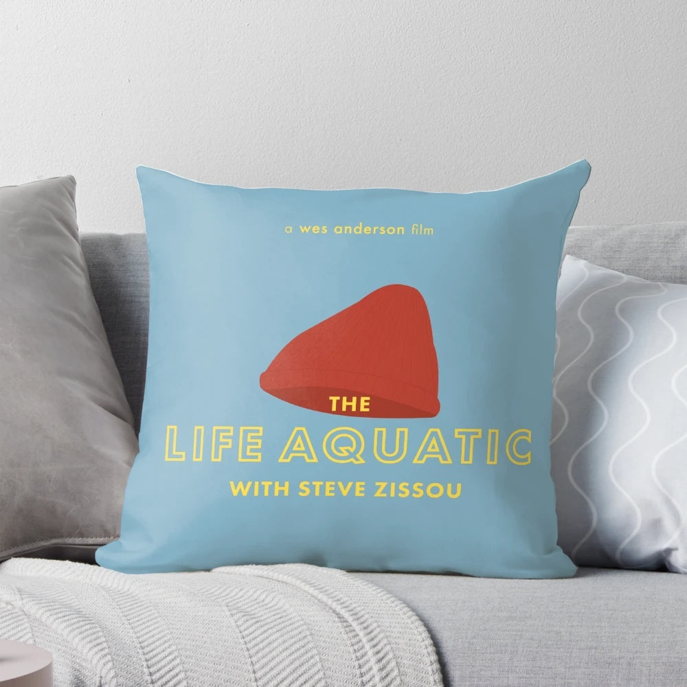 Minimalist poster pillow featuring a design inspired by the Wes Anderson film "The Life Aquatic with Steve Zissou" and starring Bill Murray as Steve Zissou.