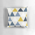 Scandinavian-inspired geometric pattern pillow in a modern, minimalist design featuring mustard, white, and blue colors.