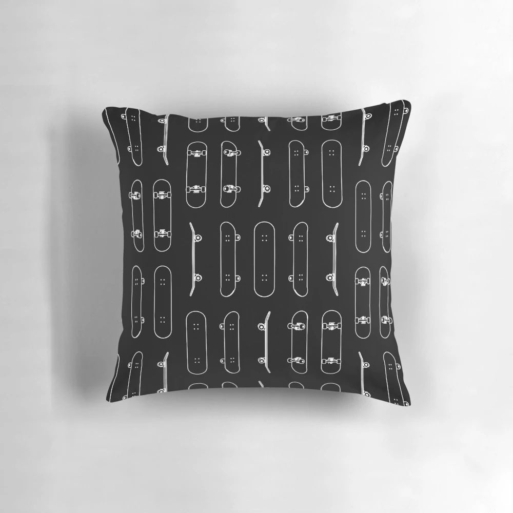A modern, minimalist throw pillow featuring a white line art design inspired by skateboards.